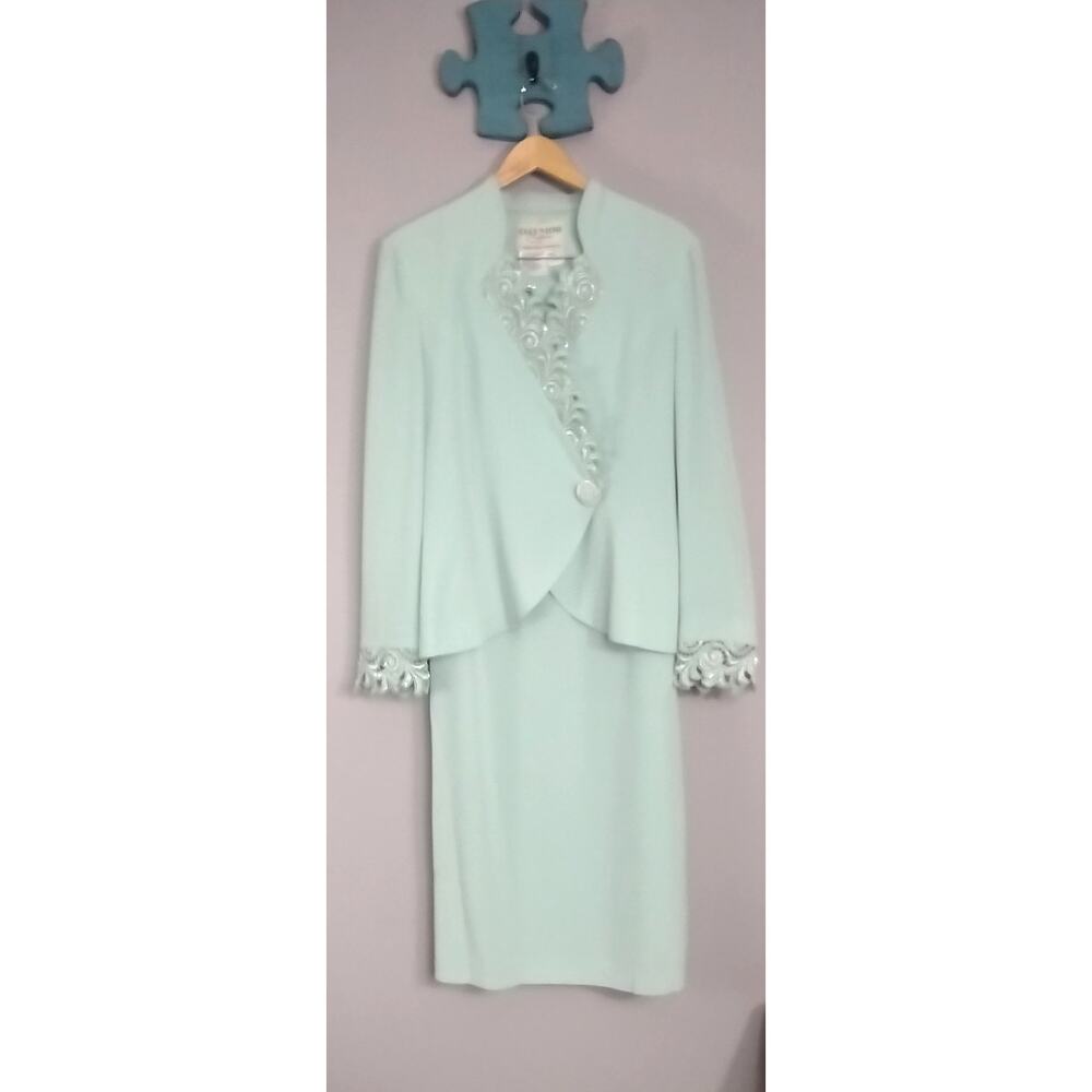 80s vintage Daymor Couture mint mother of bride skirt jacket suit set beaded 8